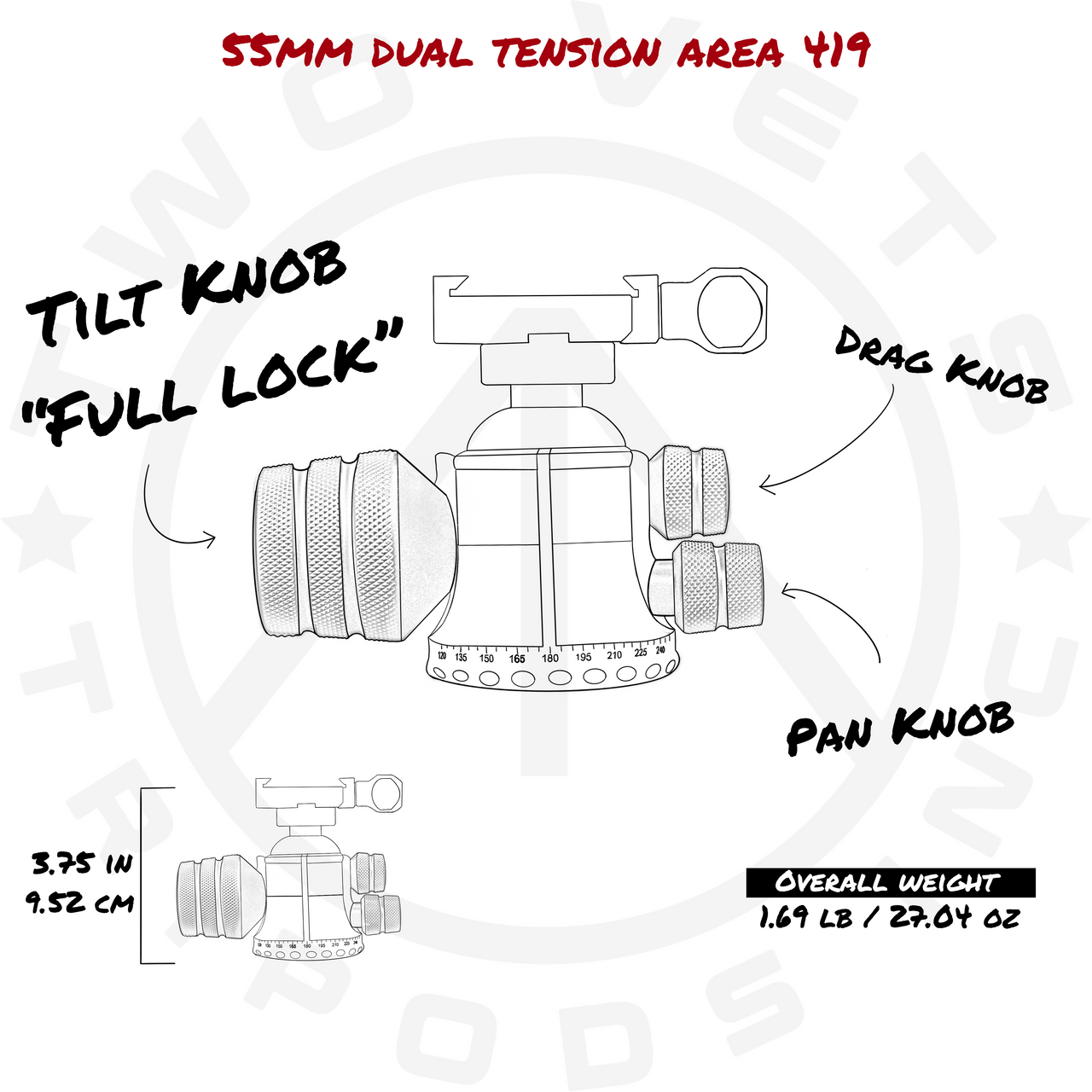 55mm Dual Tension Ballhead з Area 419 Arcalock Clamp
