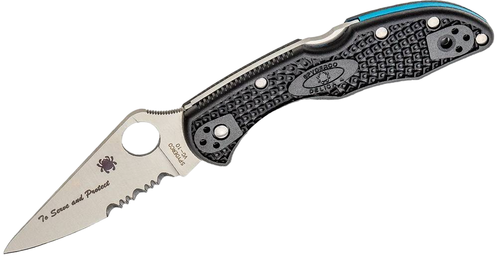 Частково серрейторний клинок із написом "To Serve and Protect" на ножі Spyderco