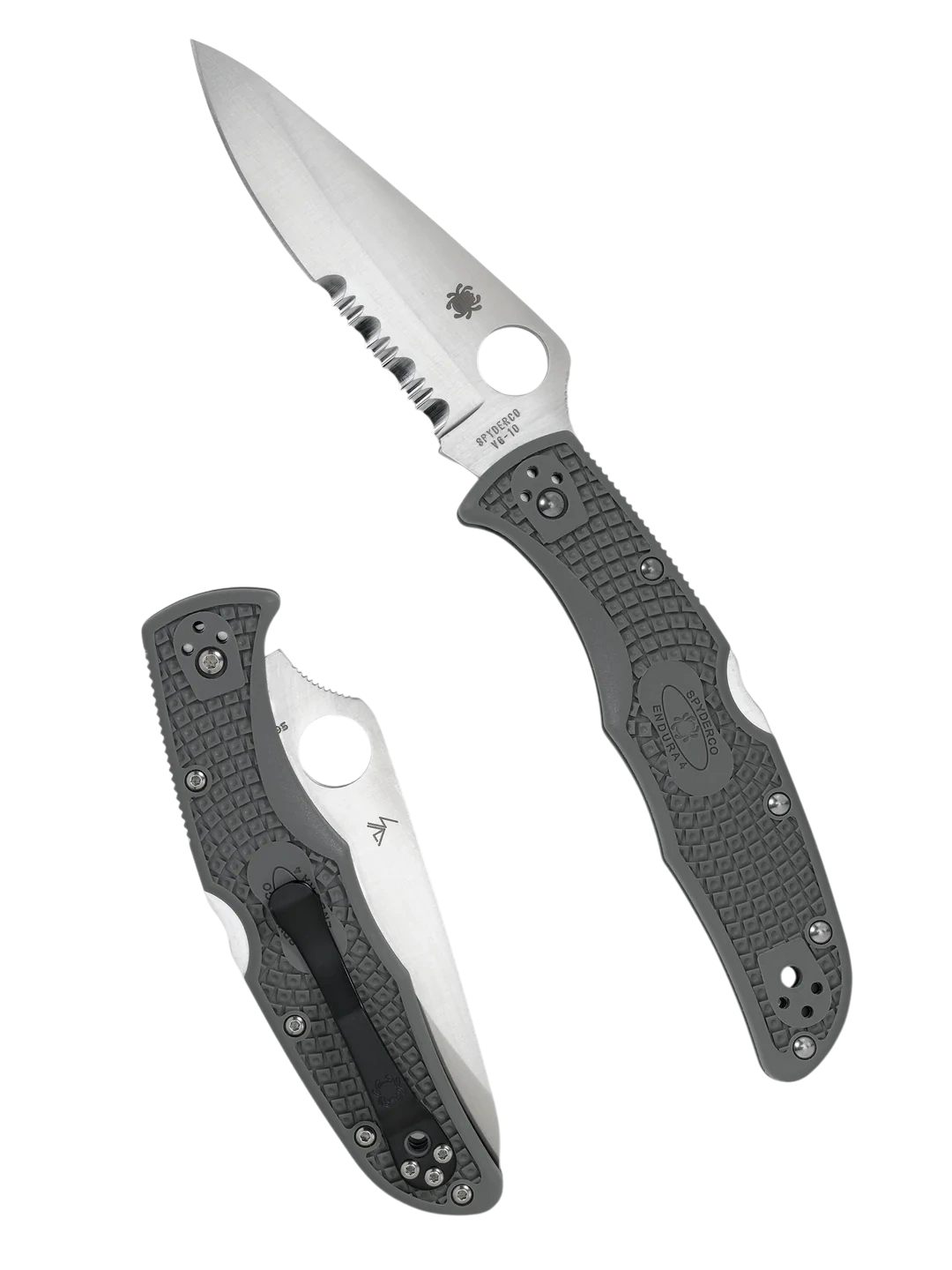 Повний вигляд ножа Spyderco Endura 4 у відкритому та складеному положенні з деталями клинка та руків’я